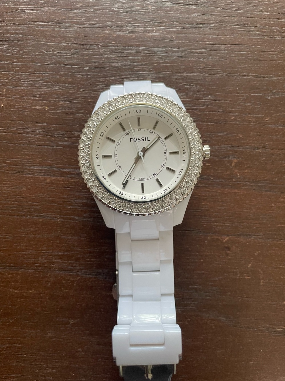 Fossil White Watch with Crystal-Studded Silver Bezel